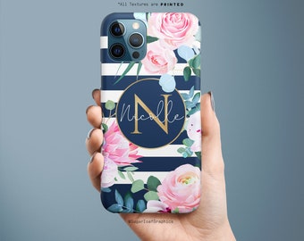 Personalized Floral Navy Blue Stripe iPhone 12 Pro Max iPhone 12 mini iPhone SE Note 20 Ultra S20 Plus S20 FE A51 A71 A90 5G NF