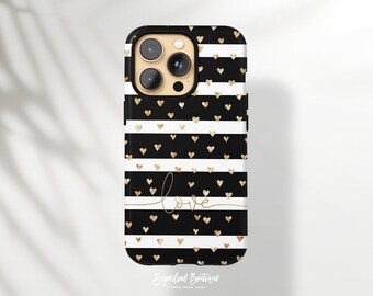 Gestreifte Handyhülle mit Gold Polka Dot Herz: Schwarz-Weiß-Design