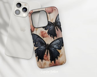 Black Butterflies and Dusk Pink Rose Garden Urban Chic Posh Art Vintage Floral Pattern - iPhone and Samsung Protective Slim Fit Cover