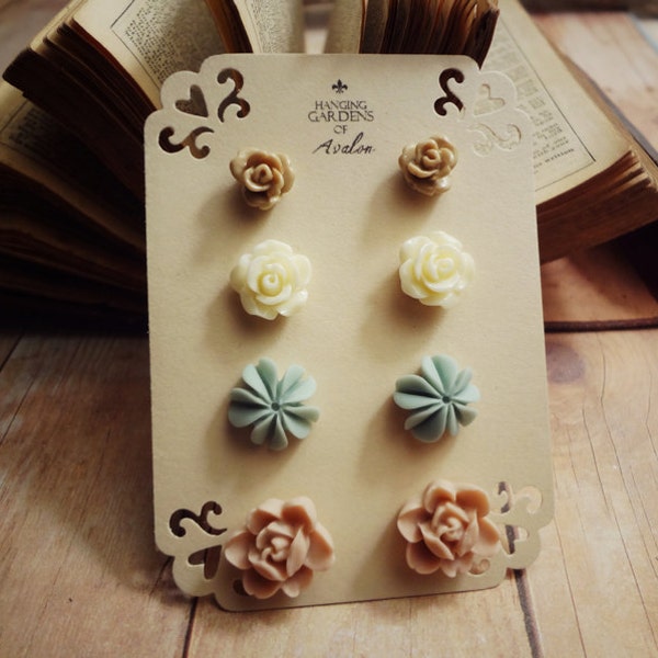 Stud Earrings Set of 4 - Remembrance of Things Past - latte, ivory, pale blue, pale pink, Resin Cabochon