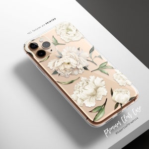 White Peony Floral Pattern Clear Rubber Phone Case iPhone 13 Case iPhone 13 Pro Case Clear Rubber iPhone 13 Pro Max Samsung S21 Plus Ultra
