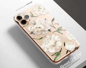 White Peony Floral Pattern Clear Rubber Phone Case iPhone 13 Case iPhone 13 Pro Case Clear Rubber iPhone 13 Pro Max Samsung S21 Plus Ultra