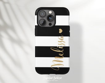 Personalized Phone Case Black and White Striped iPhone Case Printed Gold Foil Heart iPhone Case Samsung Case Pixel Case