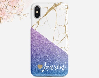 Personalized Phone Case White and Gold Marble iPhone Case Gold Foil Heart  Purple Glitter iPhone X Case iPhone XS Case iPhone XR Nf