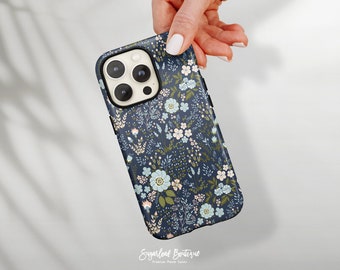 Phone Case: Navy Blue Pink Floral Pattern - Slim or Tough Style