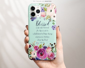 Blessed is She Who Believed Bible Verse iPhone Case Luke 1:45 Mint Green Pink Floral Bible Scripture Quote iPhone Case Samsung Cases