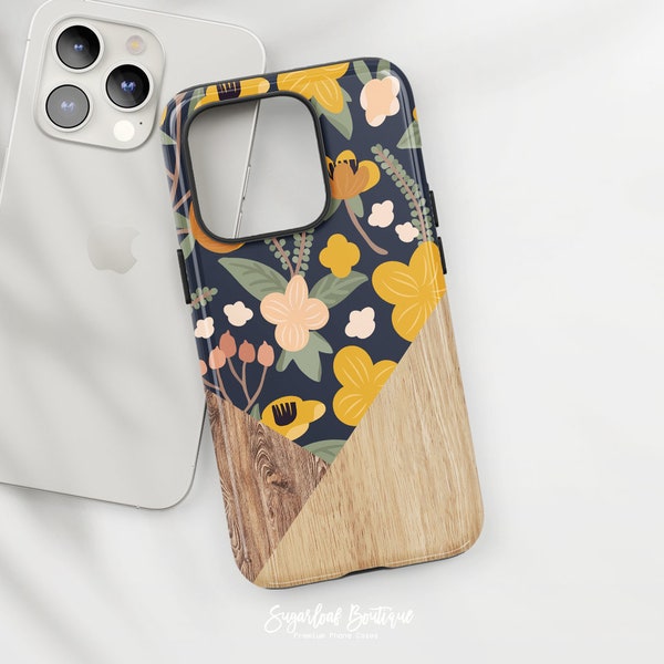 Boho Chic Wood Vintage Yellow & Pink Botanical Floral Pattern Sage Green Autumn Shades - iPhone and Samsung Protective Slim Fit Cover