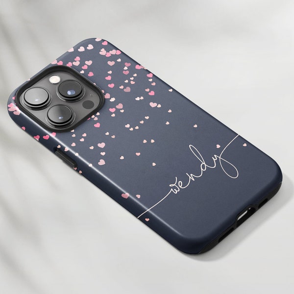 Personalized Phone Case Navy Blue iPhone Case Pink Heart Confetti Pattern iPhone 14 Pro Max iPhone SE4 Samsung S21 FE A51 A72 A90 5G Case