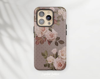 Vintage Dusk Pink Rose Taupe Polka Dot Pattern Urban Chic Posh Modern Floral Pattern - iPhone and Samsung Protective Slim Fit Cover