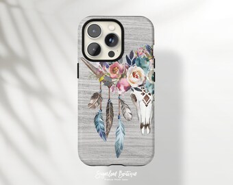 Boho Cow Skull Phone Case Pink Floral Blue Feather iPhone 14 Pro Max iPhone 14 Plus iPhone SE4 Rustic Wood Samsung Note 20 Ultra S21 FE Case