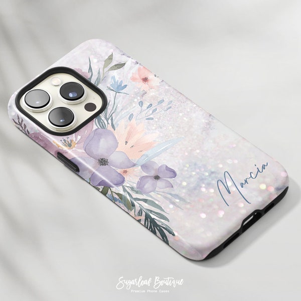 Personalized Purple Floral Bouquet iPhone Case Pink Heart Confetti Pattern iPhone 14 Pro Max iPhone SE4 Samsung S21 FE A51 A72 A90 5G Case