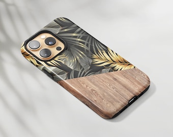 Tropical Leaf Pattern Phone Case Black and Gold Foliage Pattern iPhone 14 Pro Max iPhone SE 4 Rustic Wood Print Samsung Case Pixel Case