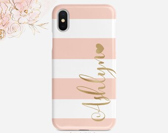 Personalized Phone Case Peach Pink and White Striped iPhone Case Gold Foil Heart  iPhone X Case iPhone XS Case iPhone XR Case Nf