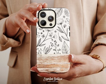 Phone Case: Black and White Floral Design - Rustic Wood Accent