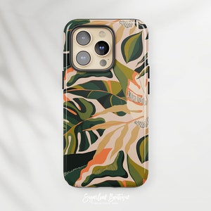 Boho Tropical Leaf Pattern Green and Taupe Foliage - iPhone Samsung Protective Slim Fit Cover