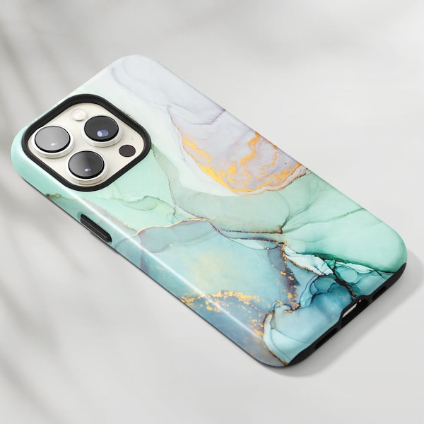 Aqua Mint and Gold Watercolor Marble Print iPhone 14 Pro Max iPhone 14 Plus iPhone SE4 Samsung Note 20 Ultra S22 Plus S21 FE A51 A72 A90 5G