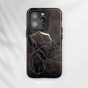 Book Lover Reading iPhone Case - Modern Minimalist Line Art - Black & Beige - iPhone and Samsung Google Pixel Protective Slim Fit Cover