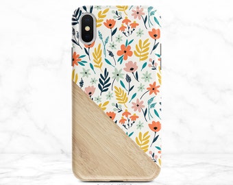 Colorful Floral Phone Case Wood Grain iPhone Case Flower Art  iPhone X Case iPhone XR Case iPhone XS Case iPhone XS Max Case Nf