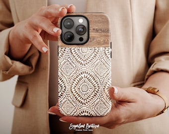 Wooden Tribal Pattern Phone Case, Beige Brown Geometric Boho Cover, Ethnic Design, Durable Protective Phone Case, Chic Stylish Phone Cover