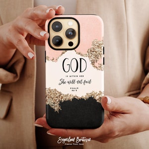 Inspirerend religieus citaat telefoonhoesje, ontwerp Psalm 46:5, christelijke iPhone Samsung-cover, perzik goud zwart abstract, cadeau-idee geloof