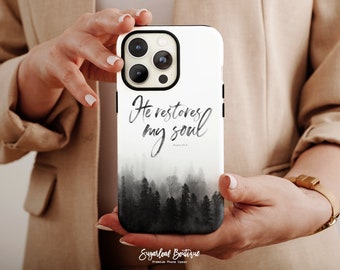 Psalm 23:3 He Restores My Soul Christian Bible Verse Quote iPhone Case Scandinavian Nordic Woodland Scenery Black and White Samsung Case