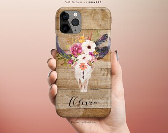 Personalized Boho Floral Cow Skull Barn Wood iPhone 12 Pro Max iPhone 12 mini iPhone SE Note 20 Ultra S20 Plus S20 FE A51 A71 A90 5G NF