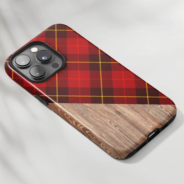 Carreaux rouges à carreaux pour iPhone 14 Pro Max, motif bohème bois pour iPhone 14+ Noël hiver, buffle imprimé iPhone SE4 S22 Plus S21 FE A72