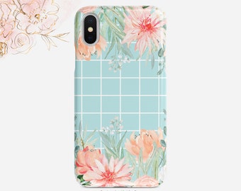 Coral Pink Peony Mint Aqua Plaid Phone Case Floral iPhone Case  iPhone X Case iPhone XS Case iPhone XR Case iPhone XS Max Case Nf