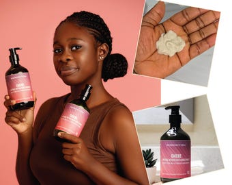 May include: A woman holding two black bottles of Chebe Intense Repair Hair Conditioner. The bottles have pink and white labels. A close-up shows a dollop of the conditioner in a hand. The background is a solid pink.