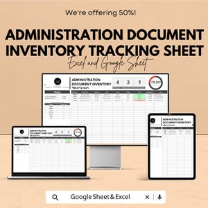 Puede incluir: Anuncio de una hoja de seguimiento de inventario de documentos administrativos, compatible con Excel y Google Sheets. La imagen muestra un monitor de ordenador, un portátil y una tableta que muestran la hoja. El texto dice "We're offering 50%!"
