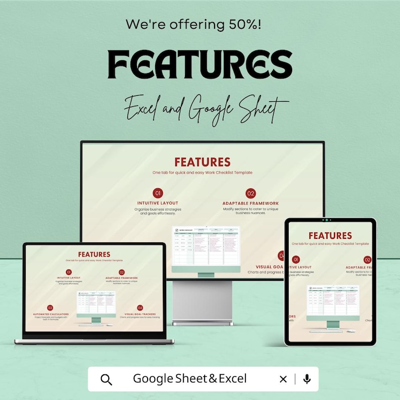 May include: An advertisement for Excel and Google Sheet features. The word "FEATURES" is displayed in large, bold text. The image shows a laptop, a desktop computer, and a tablet displaying the features. The text "We're offering 50%!" is at the top.