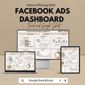 Facebook Ads Dashboard Template - Google Sheet for Facebook Advertising Insights - Marketing & ROI Tracker - Ads Performance Analysis Tool