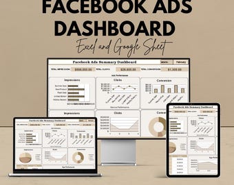 May include: An advertisement for a Facebook Ads Dashboard, displayed on a laptop, desktop monitor, and tablet. The dashboard shows data visualizations and the text "Facebook Ads Summary Dashboard". The text "We're offering 50%!" is at the top, with "Excel and Google Sheet" below.