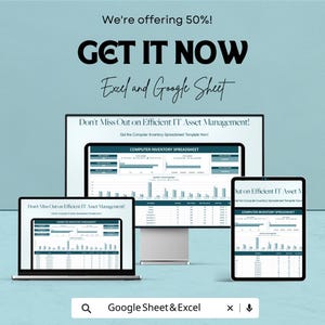 May include: An advertisement for a computer inventory spreadsheet, displayed on a laptop, desktop monitor, and tablet. The text reads "GET IT NOW" and "Excel and Google Sheet." The background is a light teal color.