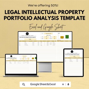 Op de afbeelding: Een digitale sjabloon voor de analyse van juridische intellectuele eigendomsportefeuilles, weergegeven op een laptop, een desktopmonitor en een tablet. De tekst luidt "LEGAL INTELLECTUAL PROPERTY PORTFOLIO ANALYSIS TEMPLATE" en "Excel and Google Sheet". De afbeelding vermeldt ook "We're offering 50%!"