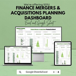 May include: A promotional image for a finance dashboard, displayed on a laptop, desktop monitor, and tablet. The dashboard shows financial data with charts and numbers. Text includes "Finance Mergers & Acquisitions Planning Dashboard" and "Excel and Google Sheet."