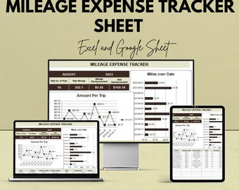 Könnte beinhalten: Werbung für eine Kilometerkosten-Tracker-Tabelle, kompatibel mit Excel und Google Sheets. Das Bild zeigt den Tracker auf einem Laptop, Desktop-Monitor und Tablet mit Datenvisualisierungen und dem Text "Mileage Expense Tracker Sheet".