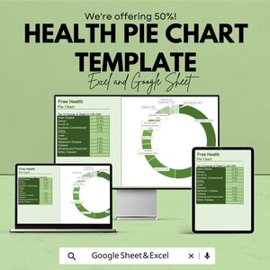 Op de afbeelding: Een digitale afbeelding met een sjabloon voor een gezondheidstaartdiagram, weergegeven op een laptop, een desktopmonitor en een tablet. De tekst luidt "HEALTH PIE CHART TEMPLATE Excel and Google Sheet".