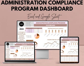 May include: A digital display of an Administration Compliance Program Dashboard, shown on a laptop, desktop monitor, and tablet. The dashboard displays charts, graphs, and data visualizations. The text includes "Excel and Google Sheet" and "We're offering 50%!"