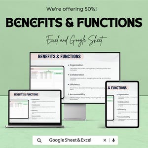 Op de afbeelding: Een advertentie voor Excel- en Google Sheet-voordelen en -functies, weergegeven op een laptop, tablet en monitor. De tekst bevat "Benefits & Functions", "Organization", "Collaboration", "Efficiency" en "Accountability". De advertentie biedt 50% korting.