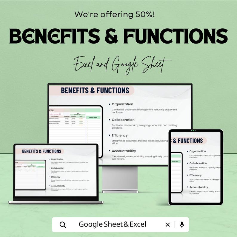 Op de afbeelding: Een advertentie voor Excel- en Google Sheet-voordelen en -functies, weergegeven op een laptop, tablet en monitor. De tekst bevat "Benefits & Functions", "Organization", "Collaboration", "Efficiency" en "Accountability". De advertentie biedt 50% korting.
