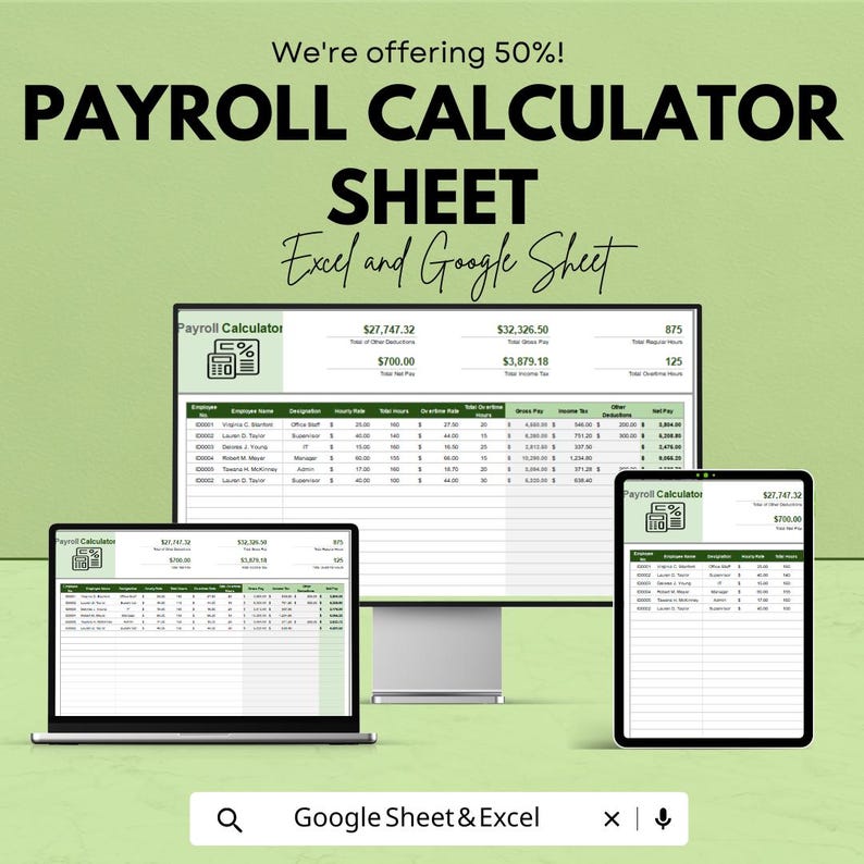 Payroll Calculator Sheet | Google Sheets & Excel Template | Automated ...