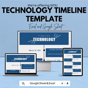 Peut inclure: Image promotionnelle d'un modèle de chronologie technologique. L'image montre un écran d'ordinateur, un ordinateur portable et une tablette affichant le modèle. Le texte comprend "TECHNOLOGY TIMELINE TEMPLATE" et "Excel and Google Sheet".