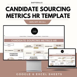 May include: A digital HR template displayed on a computer monitor and laptop. The template includes the text "CANDIDATE SOURCING METRICS HR TEMPLATE" and data fields for metrics such as qualified candidates rate and interview rate. The image also includes the text "GOOGLE & EXCEL SHEETS".