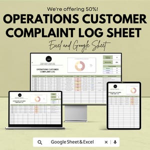 May include: A digital Operations Customer Complaint Log Sheet is displayed on a laptop, desktop monitor, and tablet. The text reads "We're offering 50%! OPERATIONS CUSTOMER COMPLAINT LOG SHEET Excel and Google Sheet."
