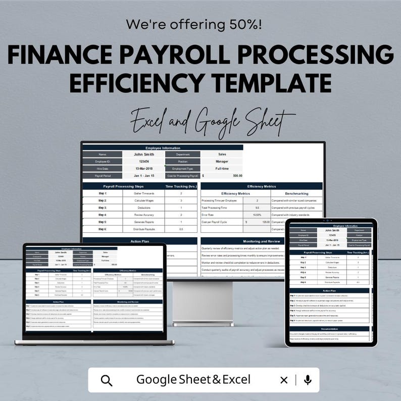 Pode incluir: Um modelo digital de efici&ecirc;ncia de processamento de folha de pagamento financeira exibido em um laptop, monitor e tablet. O texto diz "FINANCE PAYROLL PROCESSING EFFICIENCY TEMPLATE" e "Excel and Google Sheet". A imagem tamb&eacute;m diz "We're offering 50%!"