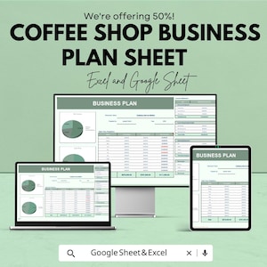 May include: An advertisement for a coffee shop business plan sheet. The image shows a laptop, desktop monitor, and tablet displaying the business plan. The text on the image says "COFFEE SHOP BUSINESS PLAN SHEET" and "Excel and Google Sheet".