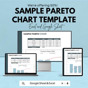 Puede incluir: Imagen promocional de una plantilla de ejemplo de gráfico de Pareto. La imagen muestra un portátil, una tableta y un monitor que muestran el gráfico. El texto de la imagen dice "Sample Pareto Chart Template Excel and Google Sheet".