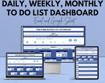 Daily, Weekly, Monthly To Do List Dashboard Sheet | Task Tracker | Excel & Google Sheets Template | Task Management Planner