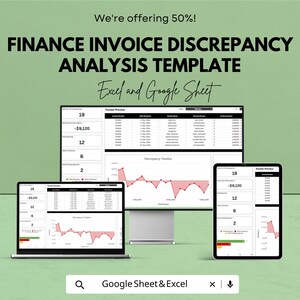 May include: A digital template for finance invoice discrepancy analysis, displayed on a laptop, desktop monitor, and tablet. The template includes data tables and a discrepancy timeline graph. Text includes "We're offering 50%!" and "Excel and Google Sheet".